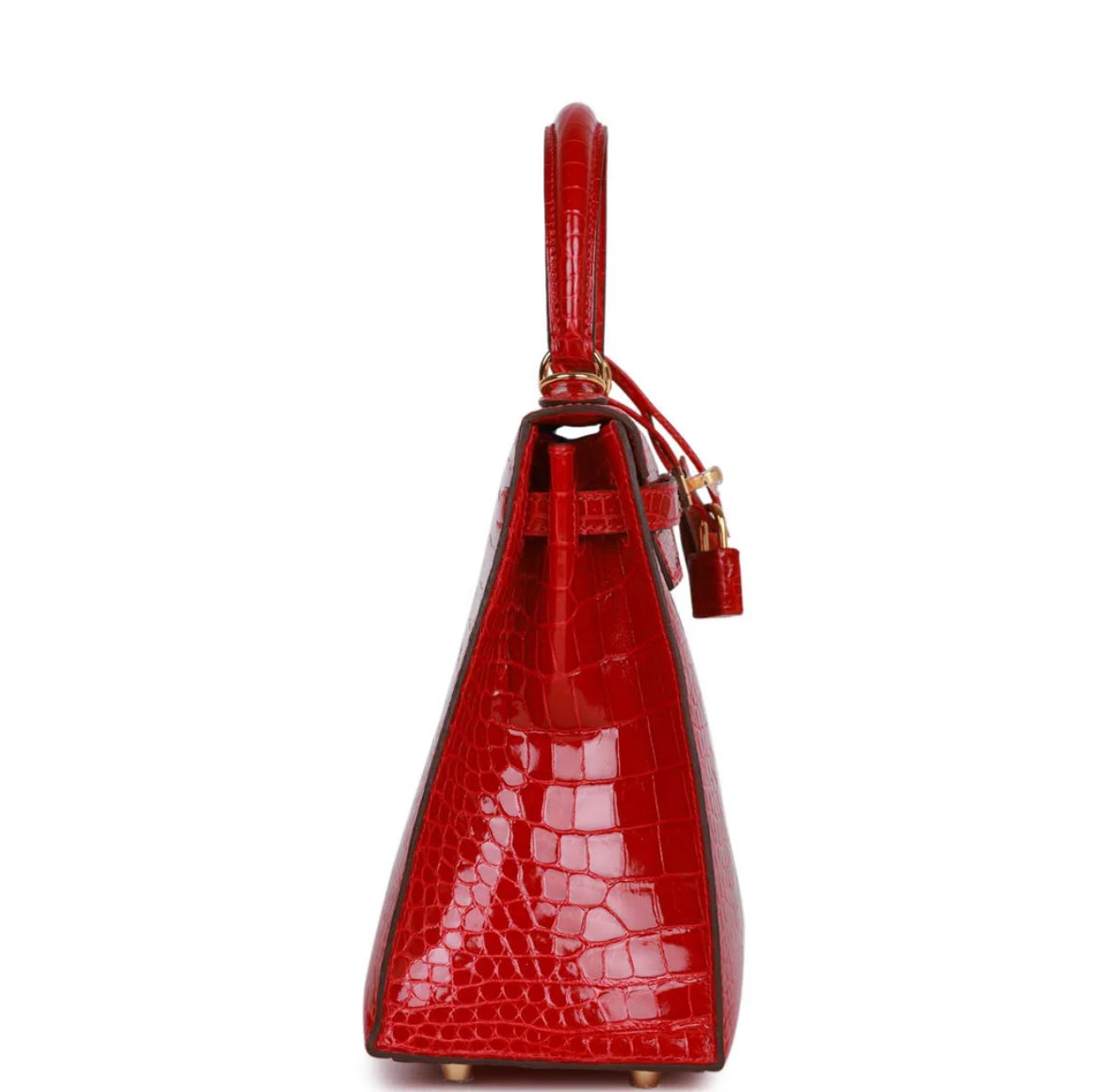 Hermès Kelly Sellier 25 Braise - Reloj de cocodrilo poroso brillante con herrajes dorados