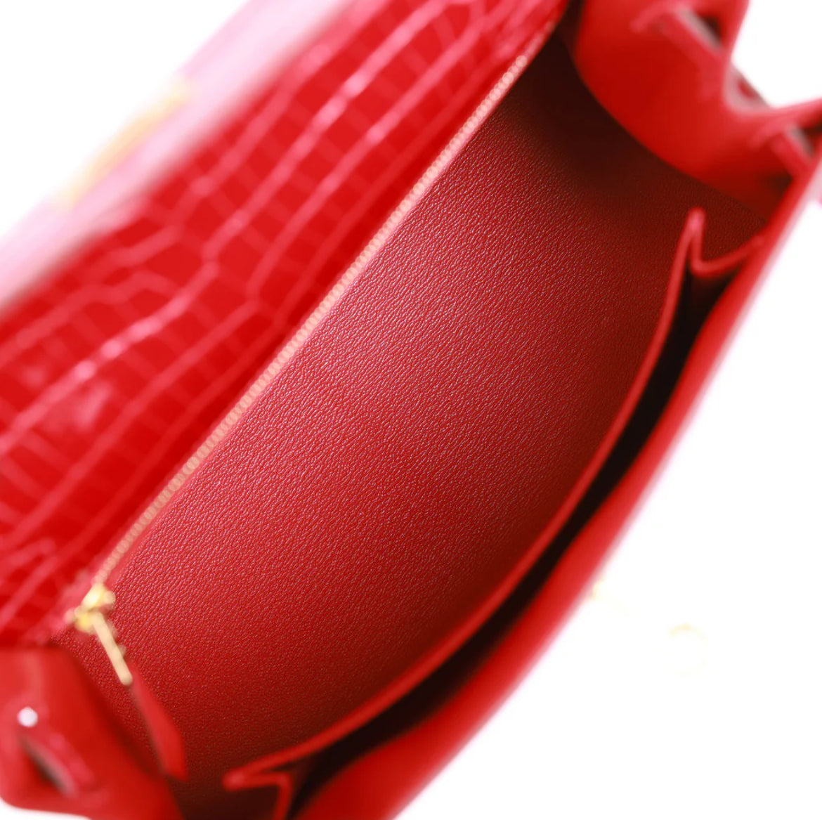 Hermès Kelly Sellier 25 Braise - Reloj de cocodrilo poroso brillante con herrajes dorados