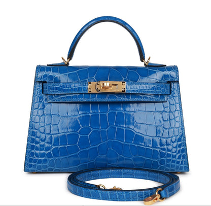 Hermès Kelly Sellier 20 Bleu Zellige Herrajes dorados de cocodrilo brillante
