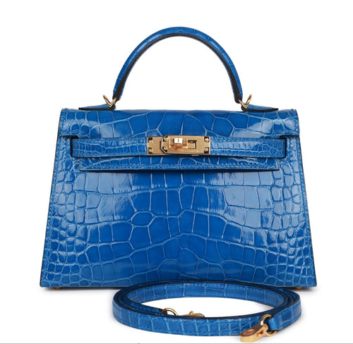 Hermès Kelly Sellier 20 Bleu Zellige Herrajes dorados de cocodrilo brillante