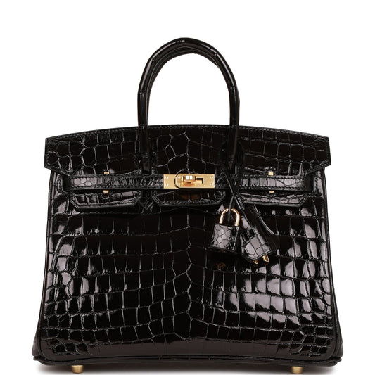 Hermès Birkin 25 Negro Brillante Cocodrilo Niloticus Herrajes Dorados