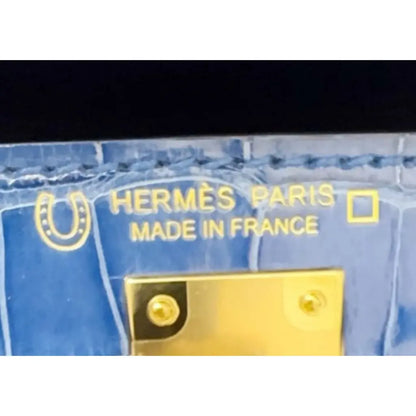 Hermès Kelly Sellier 20 Bleu Zellige Herrajes dorados de cocodrilo brillante