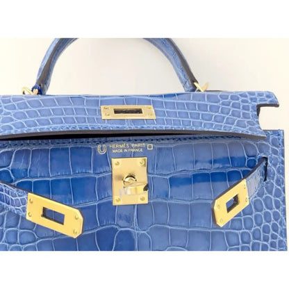 Hermès Kelly Sellier 20 Bleu Zellige Herrajes dorados de cocodrilo brillante