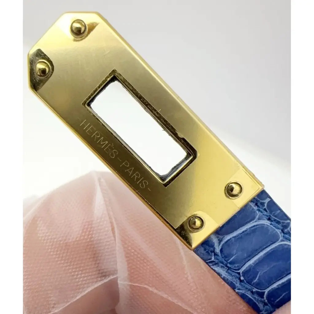 Hermès Kelly Sellier 20 Bleu Zellige Herrajes dorados de cocodrilo brillante