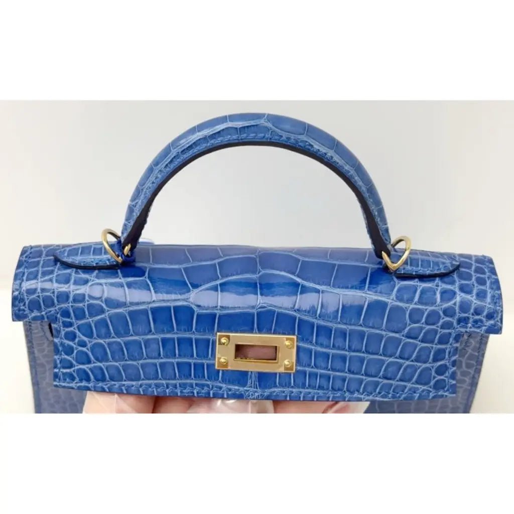 Hermès Kelly Sellier 20 Bleu Zellige Herrajes dorados de cocodrilo brillante