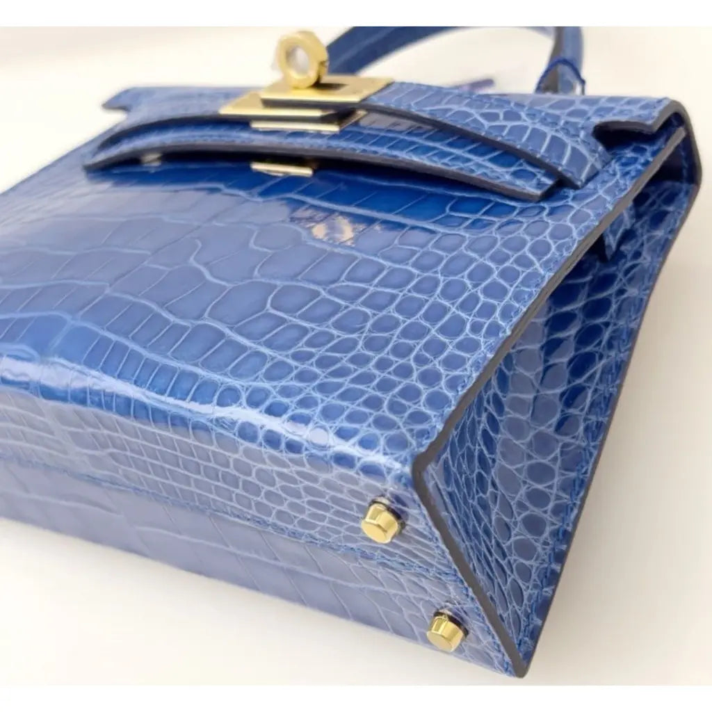 Hermès Kelly Sellier 20 Bleu Zellige Herrajes dorados de cocodrilo brillante